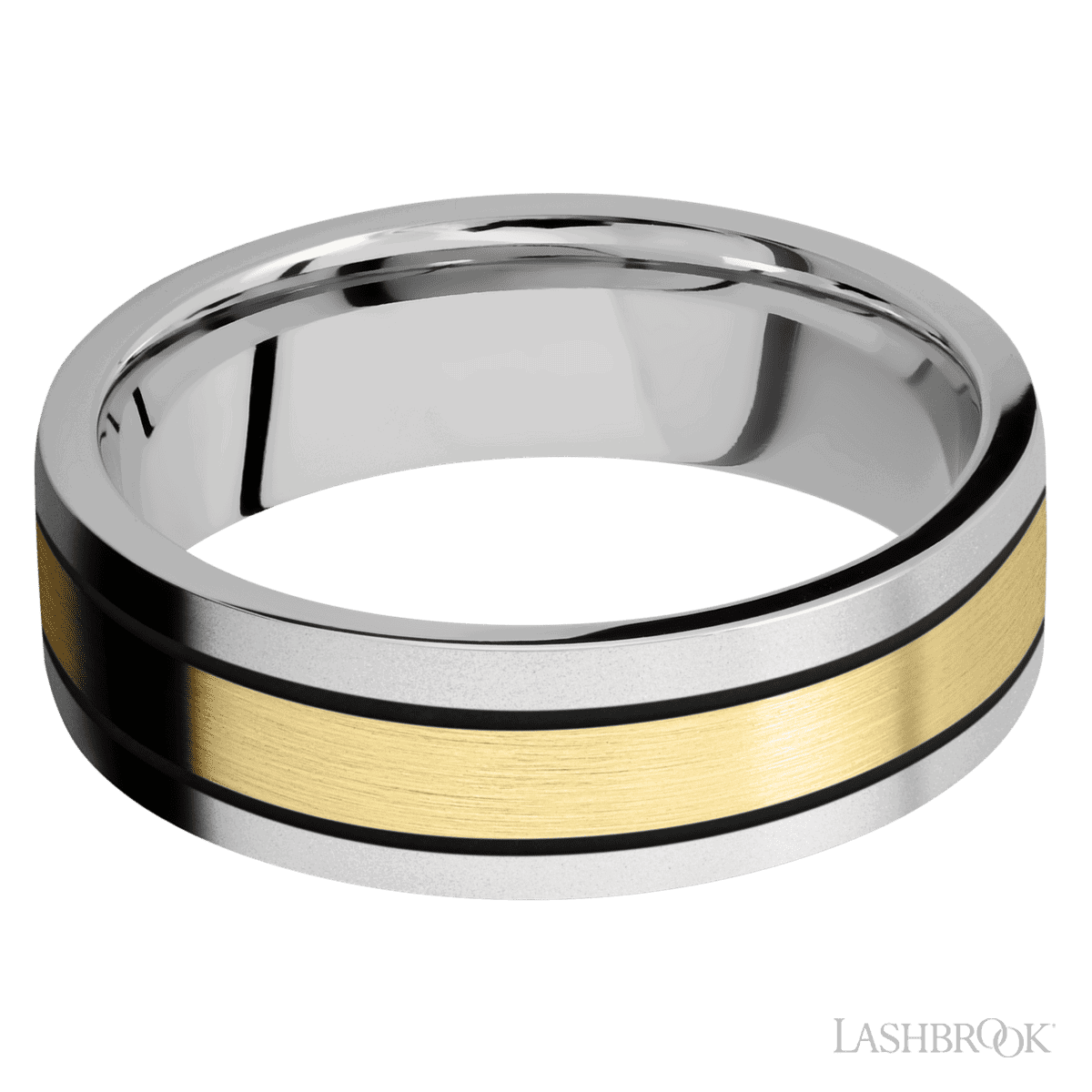 Cobalt chrome with 14k yellow gold inlay & black edged accents, 7mm flat band.(If your size is not currently available we will order your Lashbrook ring, shipping will take approximately 4 - 6 weeks.) Feel free to email or call us for a specific size or customization. Cobalt Chrome Ring with 14K YG Inlay