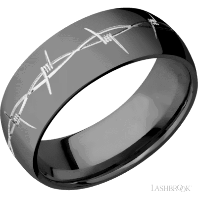 Zirconium ring with a machined barbwire detail, 8mm domed band, polished finish. (If your size is not currently available we will order your Lashbrook ring, shipping will take approximately 4 - 6 weeks.) Feel free to email or call us for a specific size or customization. 8 mm wide/Domed/Zirconium band with a machined Barb Wire pattern