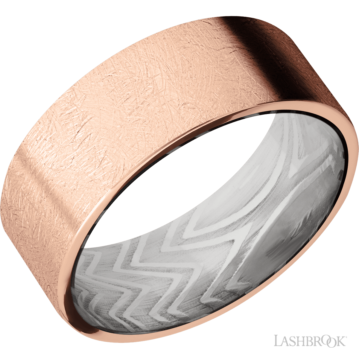 8 mm wide Flat 14K Rose Gold band featuring a Zebra sleeve
