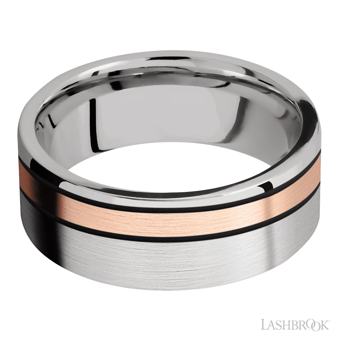 Cobalt chrome ring with 2mm off centered 14k rose gold inlay, with black accent color (sides of 14K RG).Satin finish on cobalt chrome band and rose gold. (If your size is not currently available we will order your Lashbrook ring, shipping will take approximately 4 - 6 weeks.) Feel free to email or call us for a specific size or customization. Cobalt Chrome Ring with 14k RG Inlay