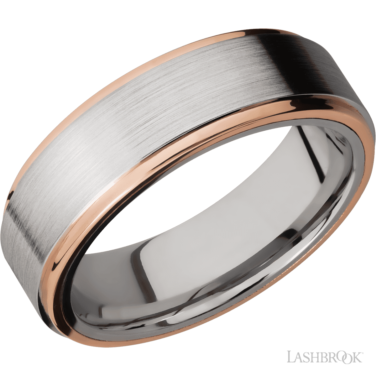 ALLOY SAMPLE SPECIAL ORDER ONLY7 mm wide/Flat Grooved Edges/Cobalt Chrome band with two 1 mm Edge inlays of 14K Rose Gold