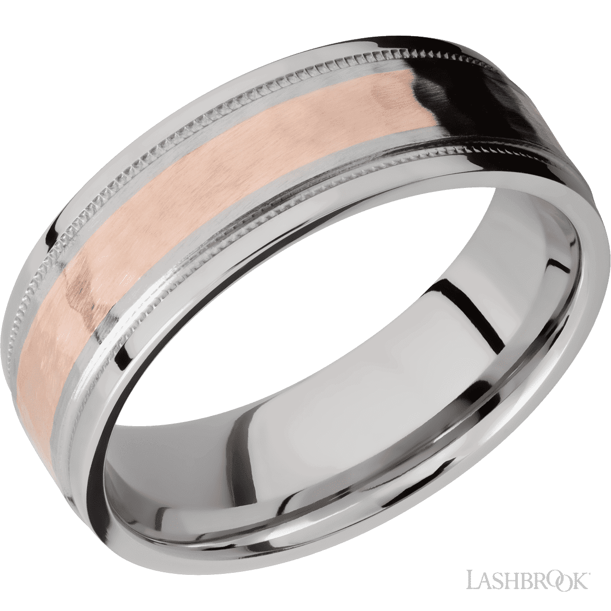 Cobalt chrome ring with hammered 14k Rose gold inlay (hammered finish).7.5mm band, flat stepped edges milgrain.(If your size is not currently available we will order your Lashbrook ring, shipping will take approximately 4 - 6 weeks.) Feel free to email or call us for a specific size or customization. 7.5 mm wide/Flat Stepped Edges Milgrain/Cobalt Chrome band with one 3 mm Centered inlay of 14K Rose Gold