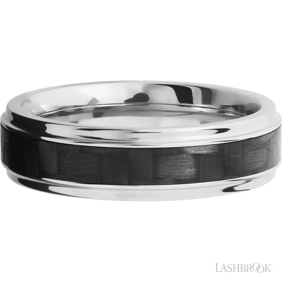 6 mm wide/Flat Grooved Edges/Titanium band with one 3 mm Centered inlay of Carbon Fiber