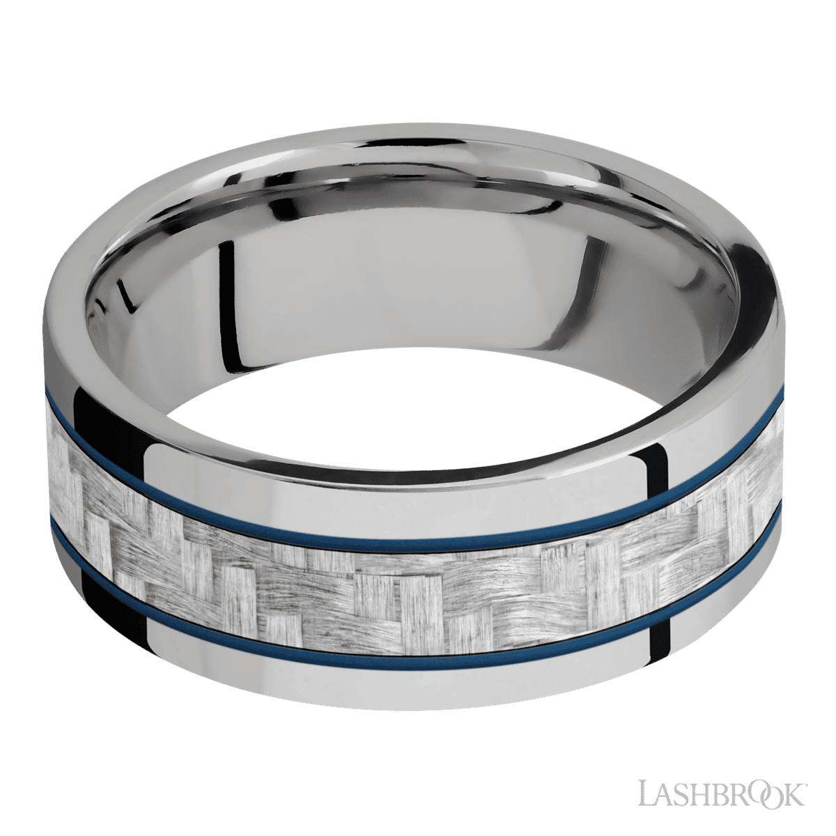 8 mm wide/Flat/Titanium band with one 4 mm Centered inlay of Silver Carbon Fiber