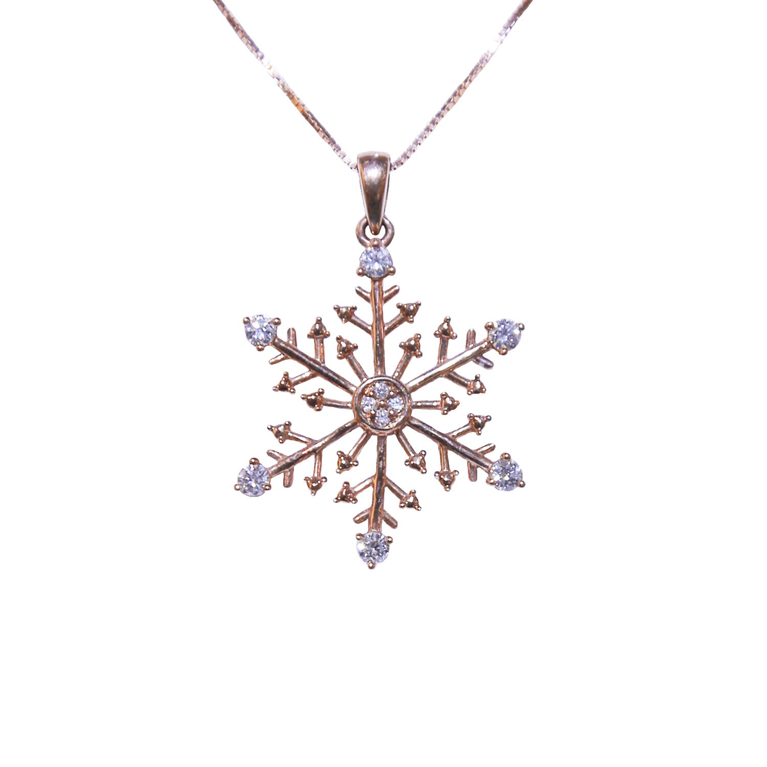 14K Rose Gold Snowflake with Diamonds pendant diamond 0.25 ctw. Chain is not included, 14K Rose Gold 18" chain ($299). Pendant is 1" in total length including the bail. 14ky .25ct Snowflake Pendant