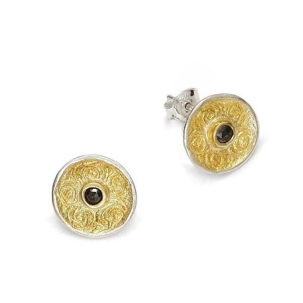 Closeup photo of Black Diamond in Etched Circle and Gold and Sterling Silver Post Earrings