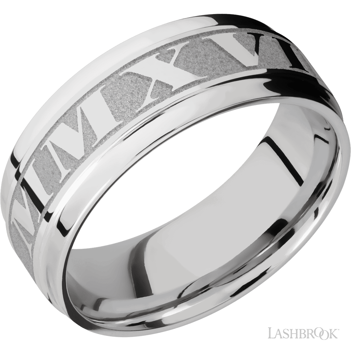 Cobalt chrome 8mm ring with Roman numerals, laser engraved, sand and satin finish.(If your size is not currently available we will order your Lashbrook ring, shipping will take approximately 4 - 6 weeks.) Feel free to email or call us for a specific size or customization. Cobalt Chrome Roman Numeral Ring