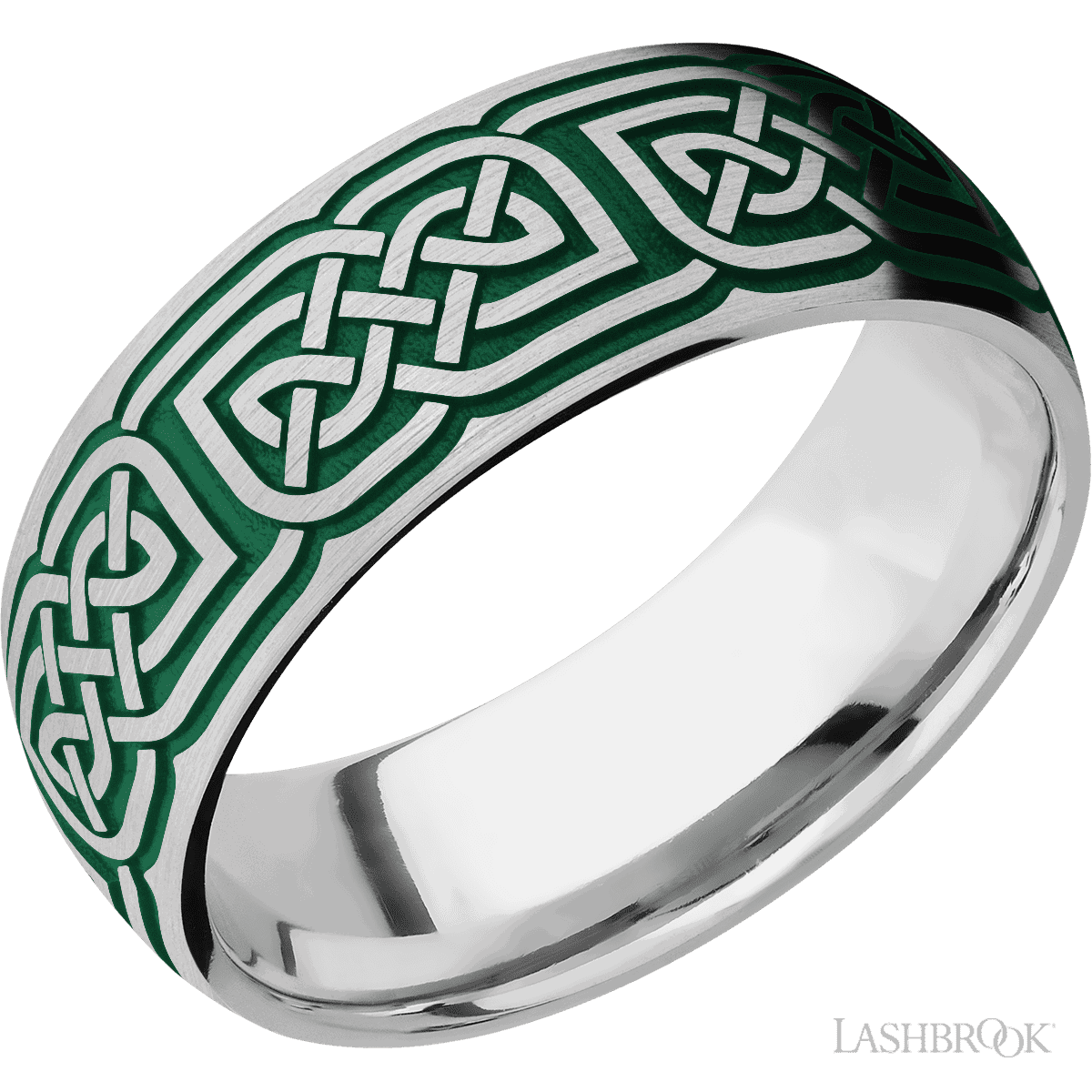 Cobalt chrome ring with green Celtic knot engraved pattern, 8mm wide. (If your size is not currently available we will order your Lashbrook ring, shipping will take approximately 4 - 6 weeks.) Feel free to email or call us for a specific size or customization. Cobalt Chrome Celtic Knot with Green Accent Ring