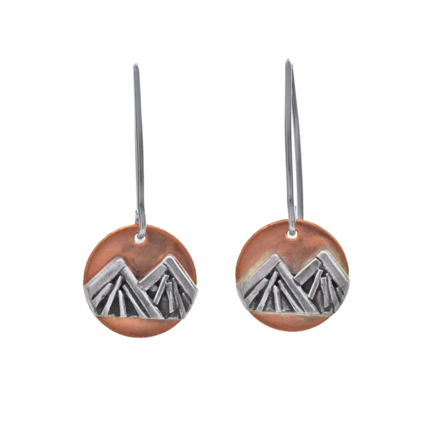Closeup photo of Handmade Mountain Circle Winter Copper and Sterling Silver Earrings