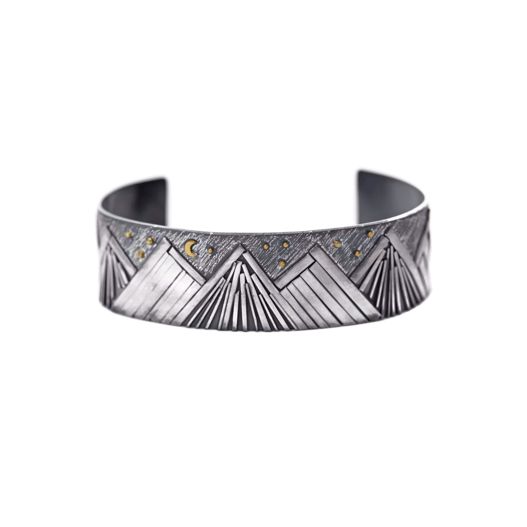 Handmade Bright Moon Mountain 22K and Oxidized Sterling Silver Cuff Bracelet