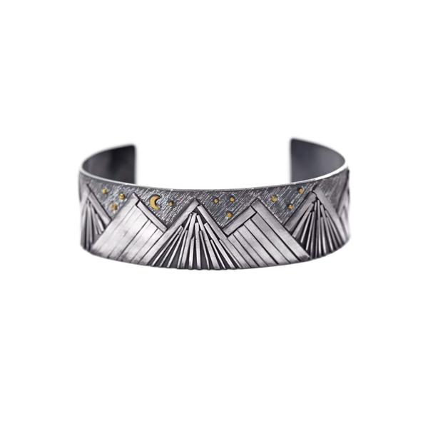 Closeup photo of Handmade Bright Moon Mountain 22K and Oxidized Sterling Silver Cuff Bracelet
