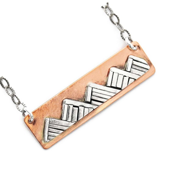 Closeup photo of Handmade Summer Mountain Bar Copper and Sterling Silver Necklace