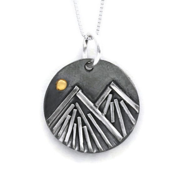 Closeup photo of Handmade Bright Moon Mountain Circle Winter 22K and Oxidized Sterling Silver Pendant
