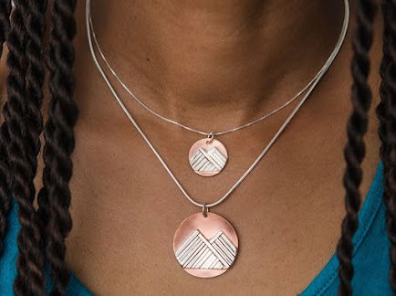 Handmade Summer Mountain Circle Copper and Sterling Silver Pendant