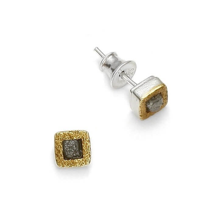 Raw Diamond Square Sterling Silver and Gold Stud Earrings