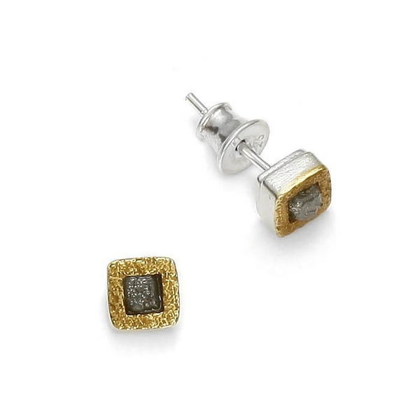 Closeup photo of Raw Diamond Square Sterling Silver and Gold Stud Earrings