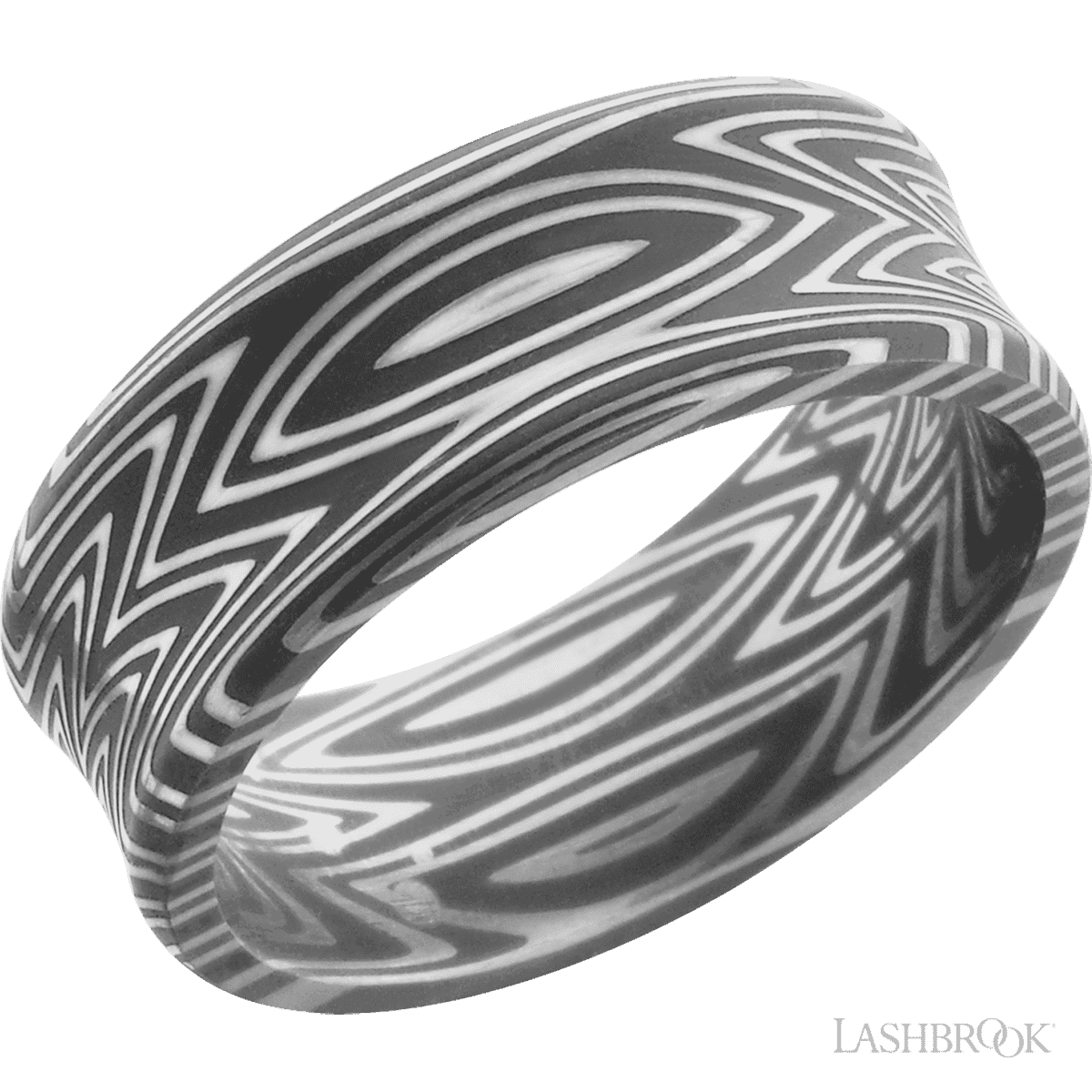 Damascus ring zebra pattern 8mm, acid finish, concave bevel.(If your size is not currently available we will order your Lashbrook ring, shipping will take approximately 4 - 6 weeks.) Feel free to email or call us for a specific size or customization. Zebra Damascus Acid Finish Men's Ring