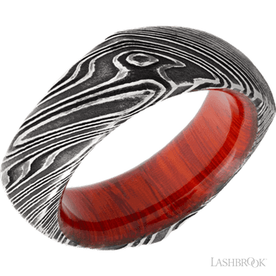 Damascus square shaped domed 8mm band with a hardwood sleeve.(If your size is not currently available we will order your Lashbrook ring, shipping will take approximately 4 - 6 weeks.) Feel free to email or call us for a specific size or customization. Damascus Ring with a Hardwood Sleeve