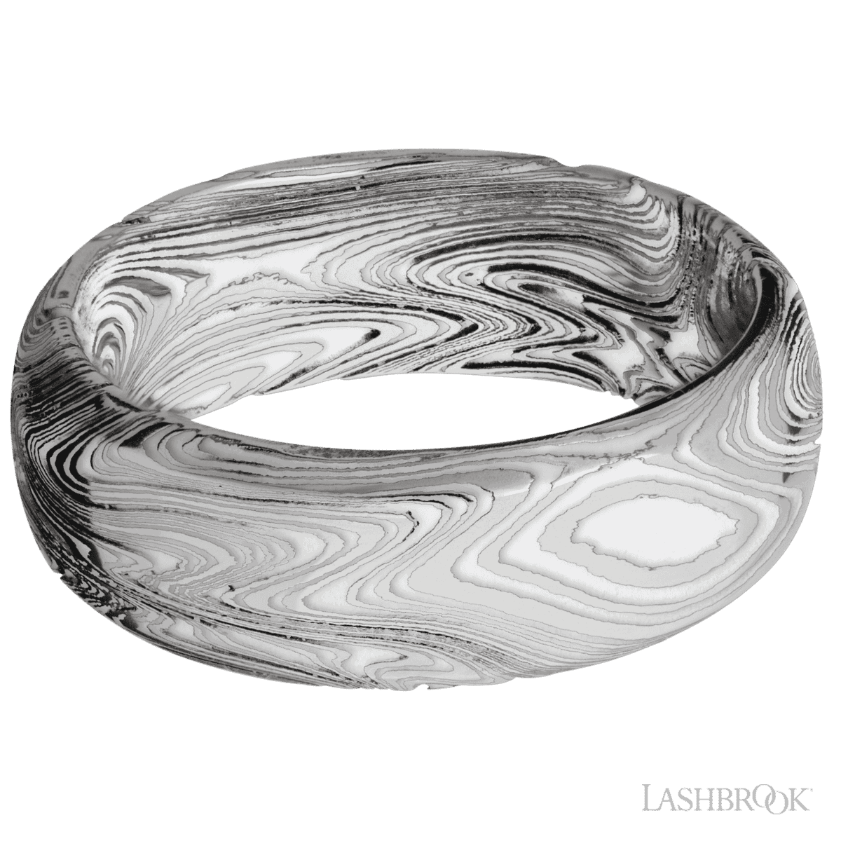 Damascus ring with marble pattern, laser engraved. 8 mm wide Domed Bevel Marble Damascus band featuring White cerakote. (If your size is not currently available we will order your Lashbrook ring, shipping will take approximately 4 - 6 weeks.) Feel free to email or call us for a specific size or customization. Damascus Marble Pattern Ring