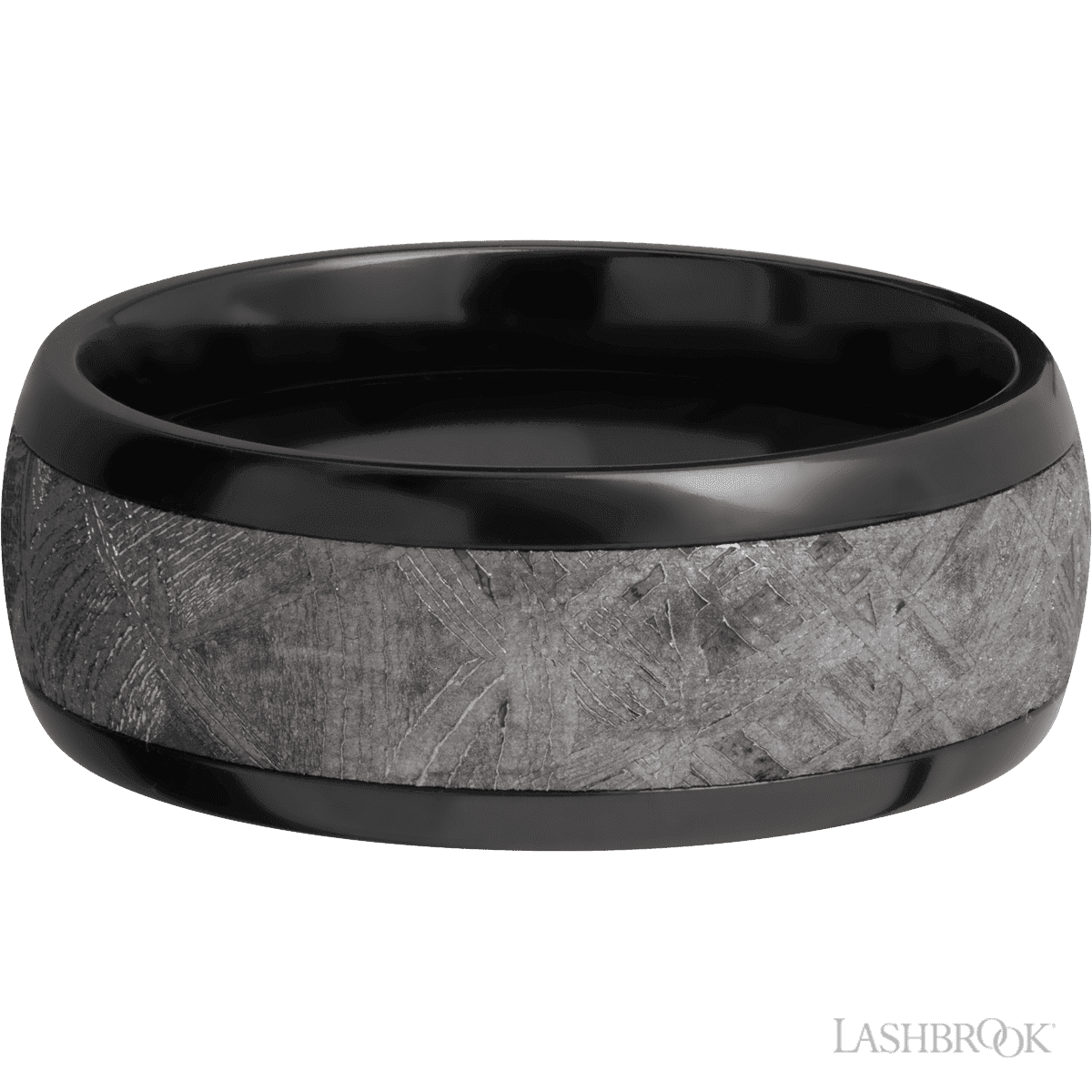 8 mm wide/Domed/Zirconium band with one 5 mm Centered inlay of Meteorite