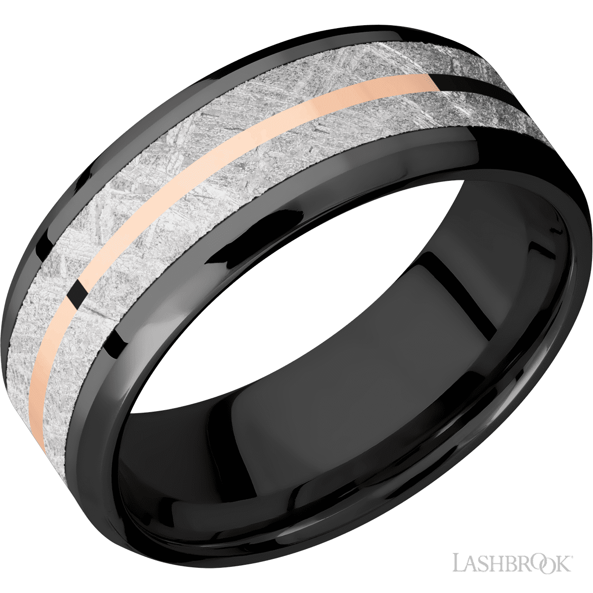 8 mm wide/Beveled/Zirconium band featuring inlays of Meteorite and 14K Rose Gold
