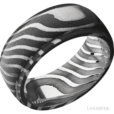 Damascus 9mm wide flat band with grooved edges, polished finish. Flat-twist Damascus design, acid finish.(If your size is not currently available we will order your Lashbrook ring, shipping will take approximately 4 - 6 weeks.) Feel free to email or call us for a specific size or customization. 9 mm wide Domed Stepped Down Edges Tiger band