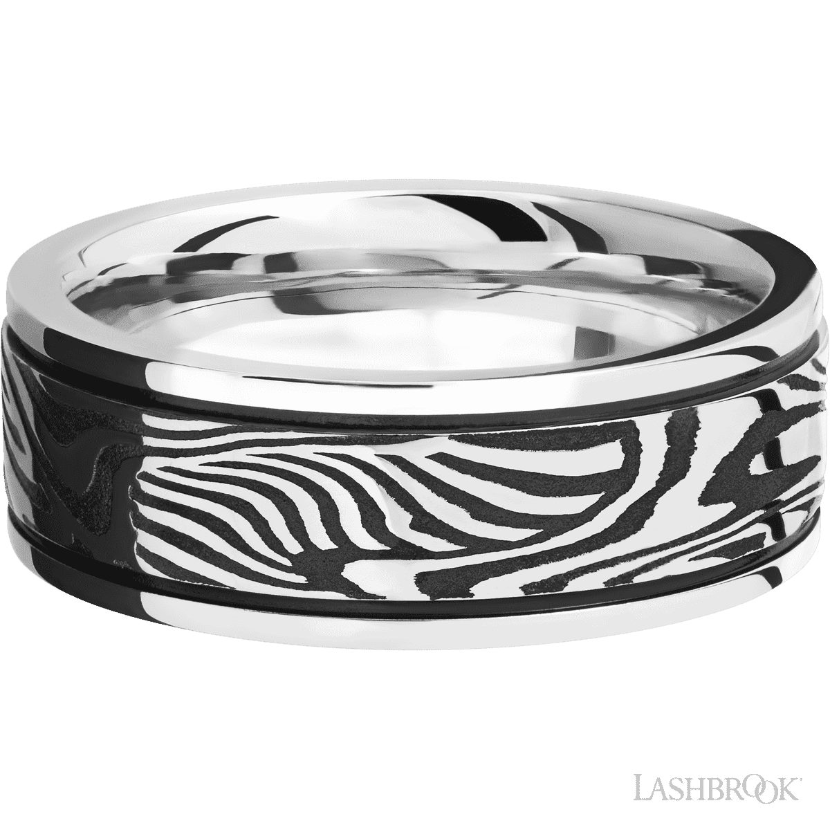 Cobalt chrome 8mm flat band with one 5mm centered inlay of sunset damascus, polished and acid finish. (If your size is not currently available we will order your Lashbrook ring, shipping will take approximately 4 - 6 weeks.) Feel free to email or call us for a specific size or customization. 8 mm wide/Flat/Cobalt Chrome band with one 5 mm Centered inlay of Sunset