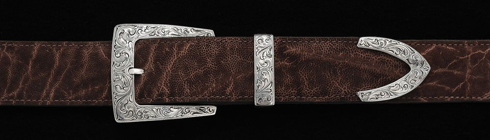 Belt Width: 1 1/2"Engraving Design: FinePieces in Set: ThreeBelt shown: Chocolate Suede Elephant Cadillac Fine Engraved 3 Piece 1½
