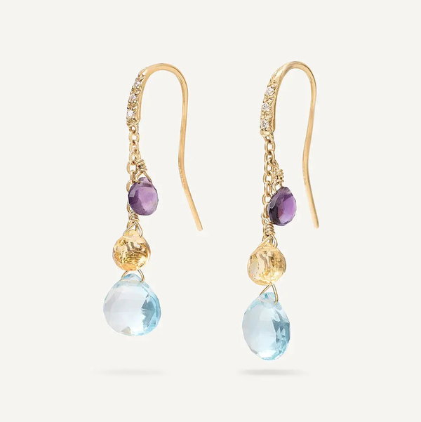 Closeup photo of 18K Yellow Gold Gemstone Earrings with Diamonds, Blue Topaz Accents