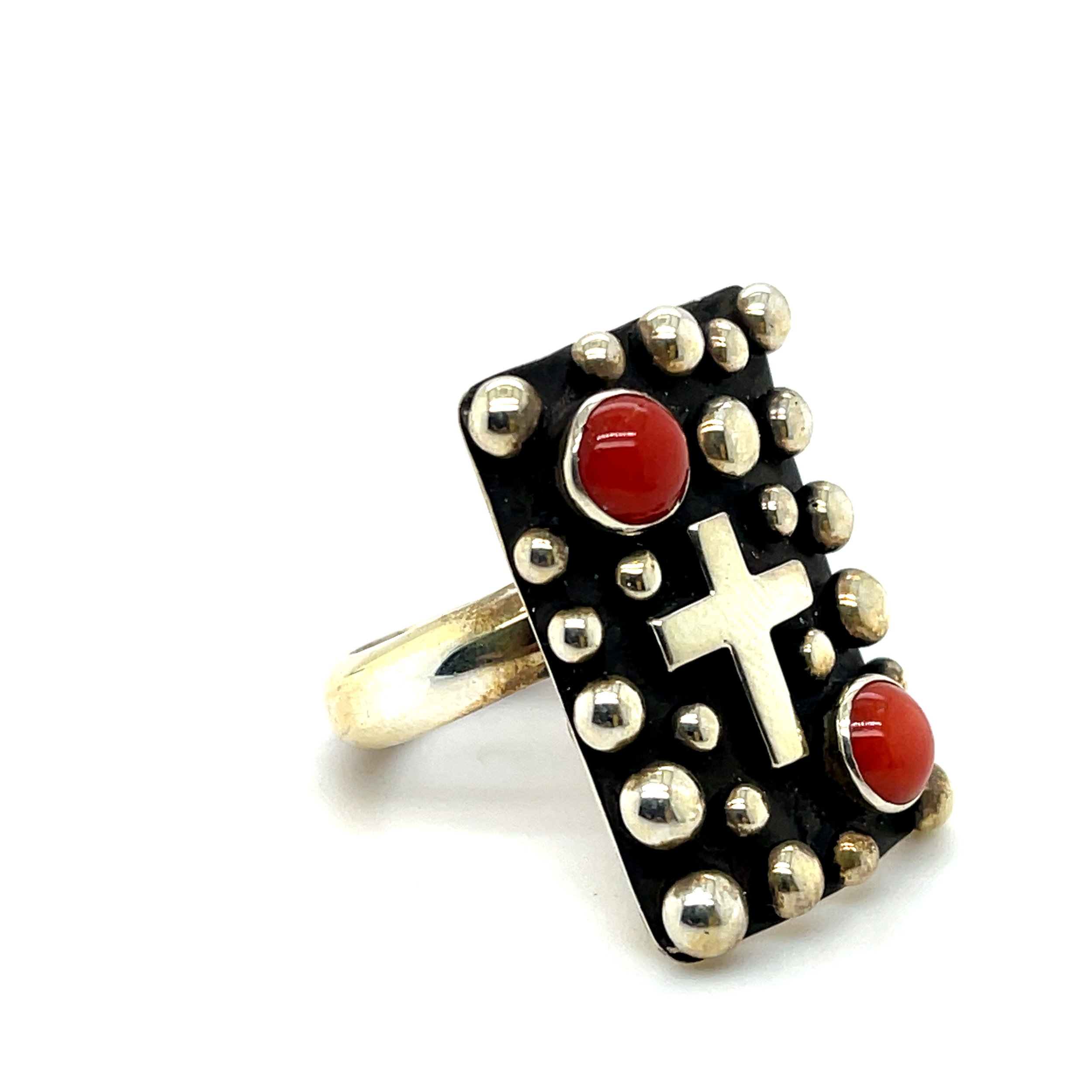 Sterling Silver Coral Ring with Cross