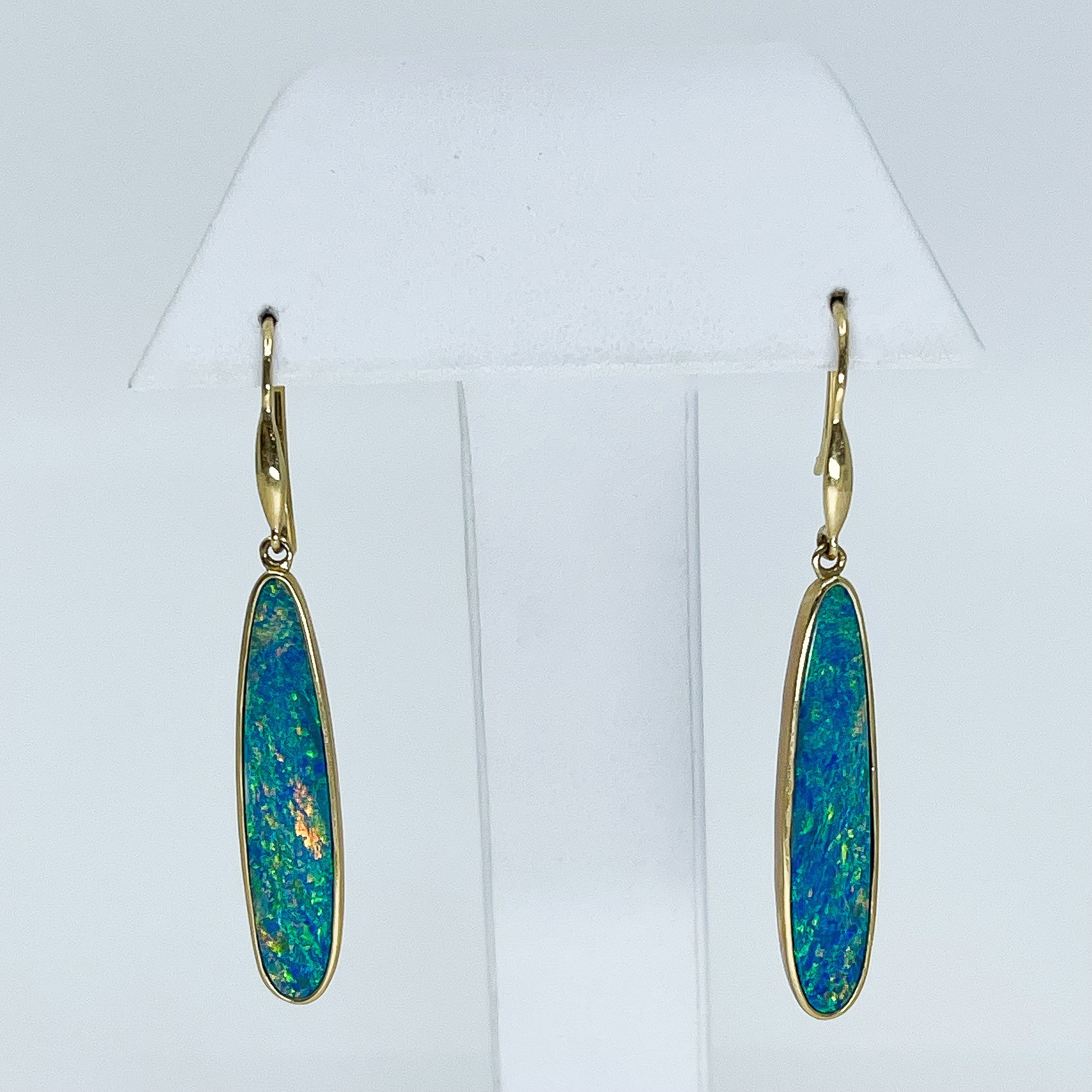 14ky Blue/Green Opal Doublet Long Dangle Earrings 14ky Blue/Green Opal Doublet Long Dangle Earrings