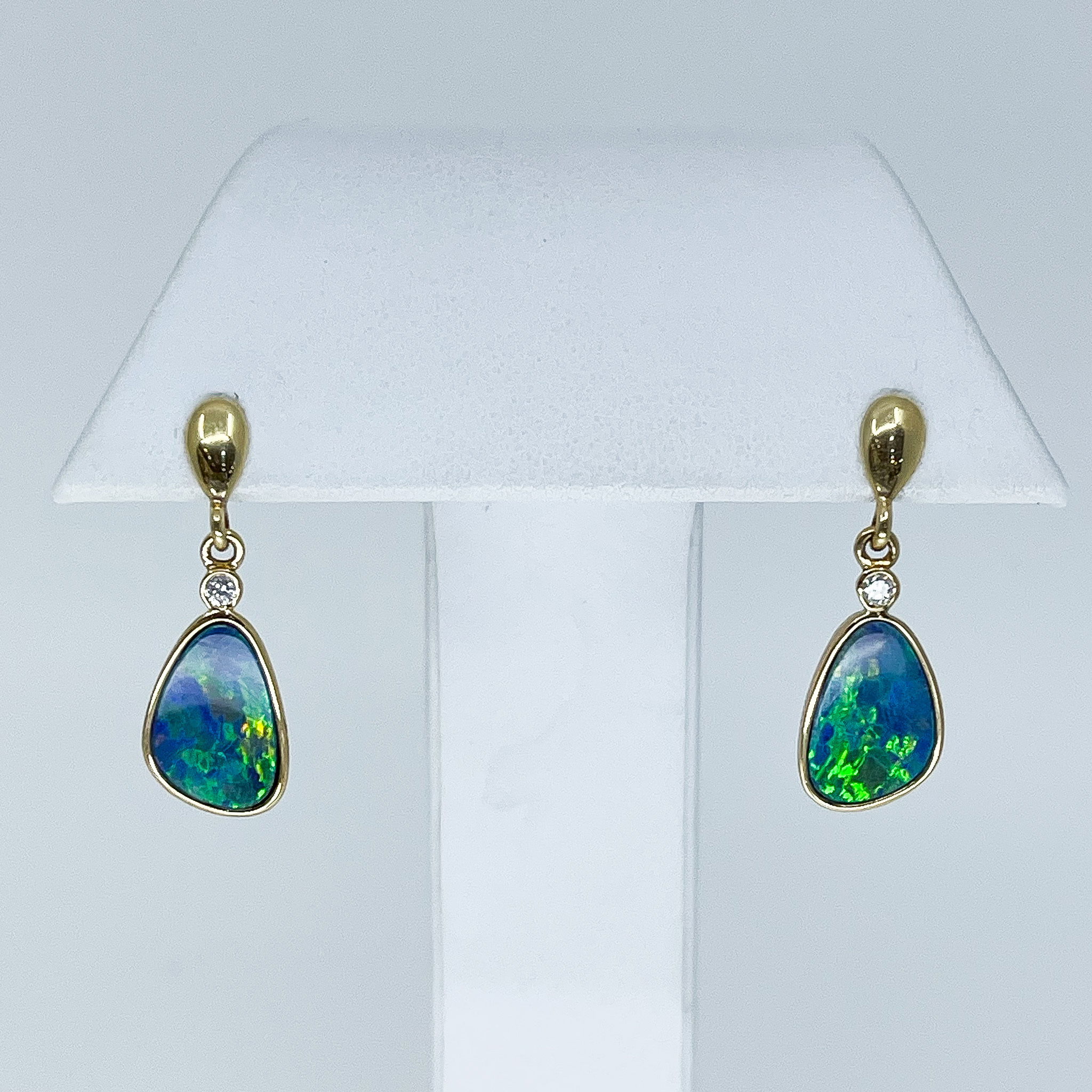 14ky Blue/Green Opal Doublet Post Dangles with Diamond Accent 14ky Blue/Green Opal Doublet Post Dangles with Diamond Accent