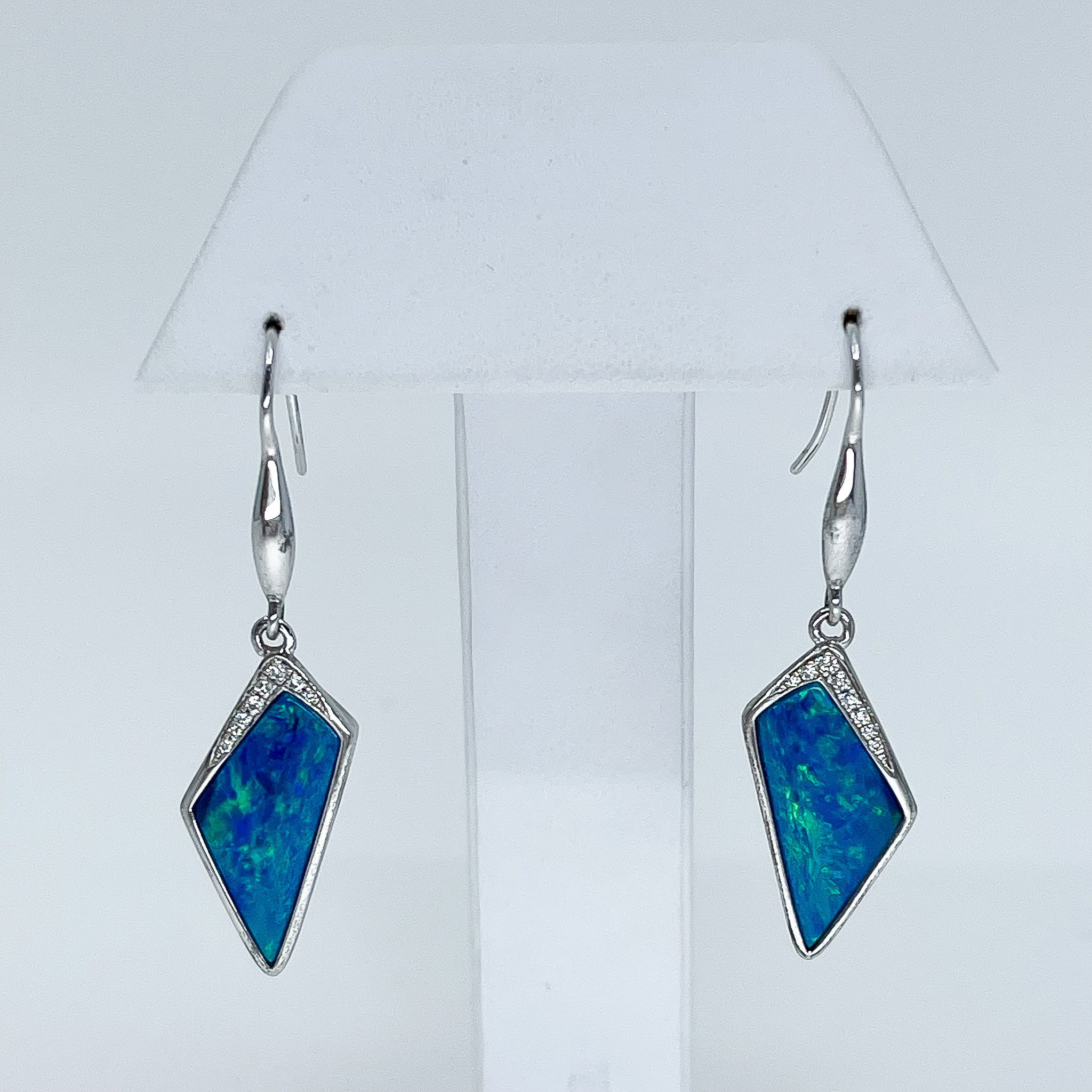 Sterling Silver Geometric Opal Doublet Earrings with Diamond Detail Sterling Silver Geometric Opal Doublet Earrings with Diamond Detail