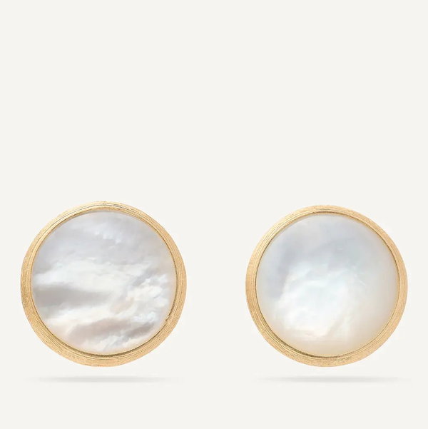 Closeup photo of 18K Yellow Gold Mother of Pearl Medium Stud Earrings