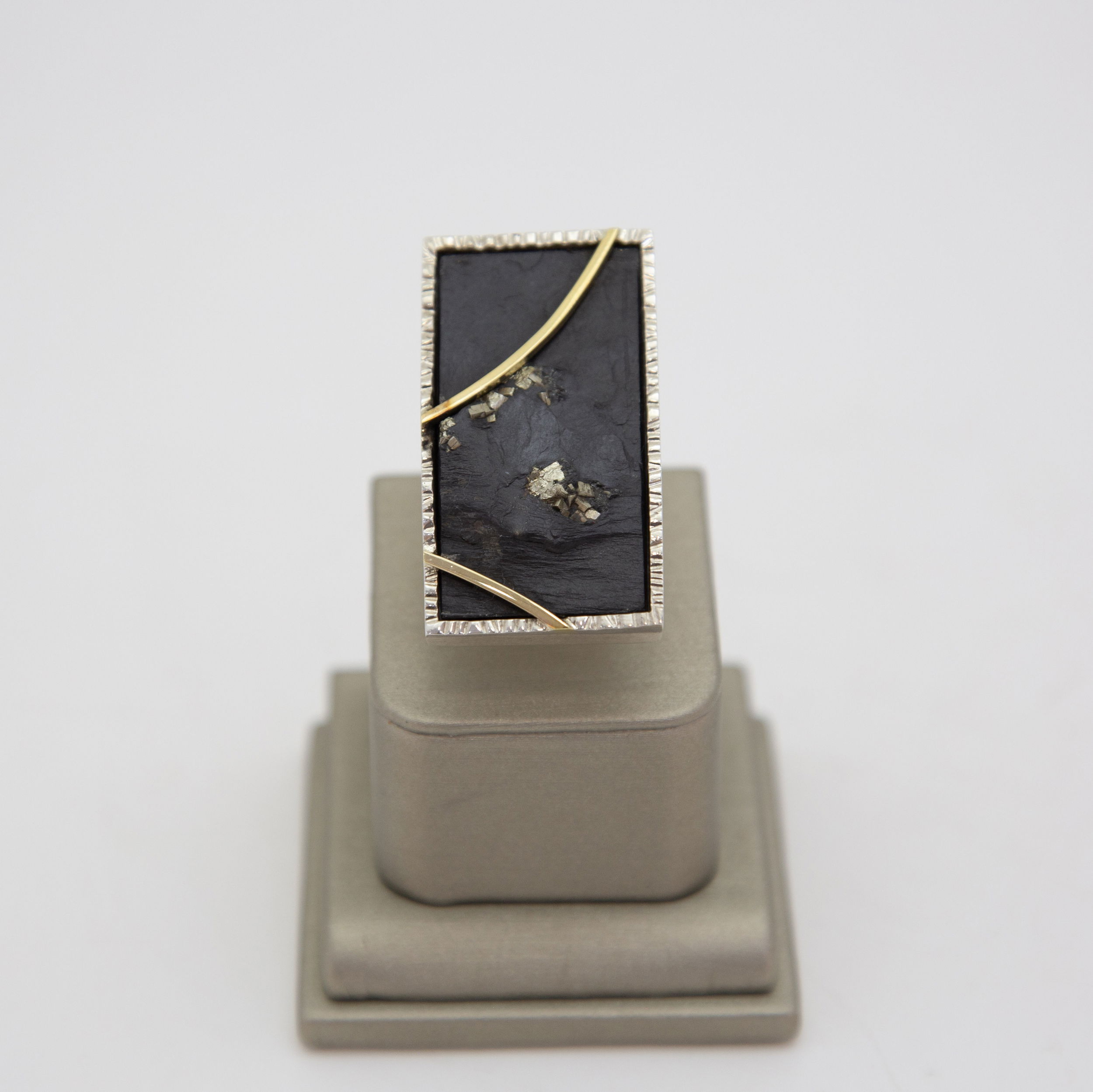 Pyrite and Slate Rectangular Sterling and 18K Ring size 8.25