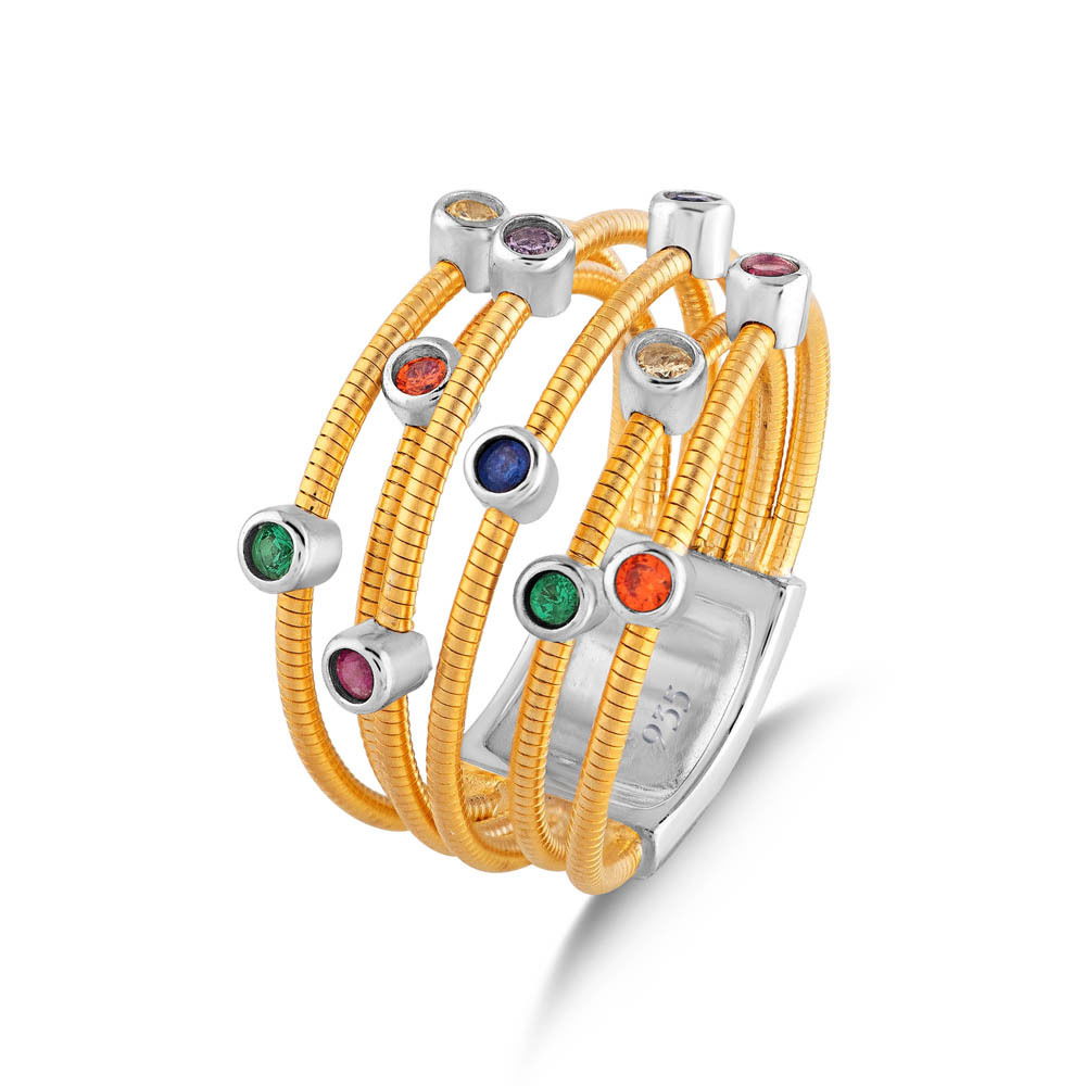 Multi Colored CZs Six Wire Gold Ring