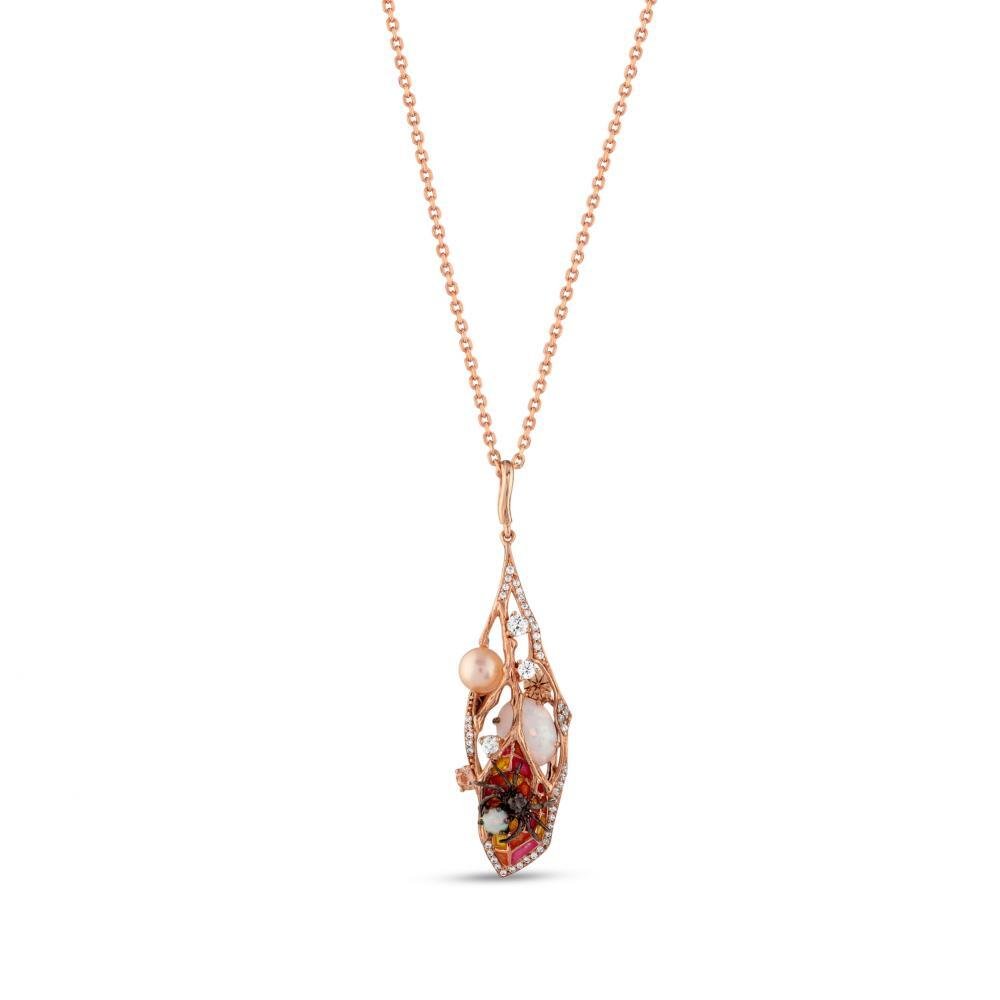 Opal, Pearl, Enamel and CZ Spider Rose Gold Pendant on 18”-20” Chain