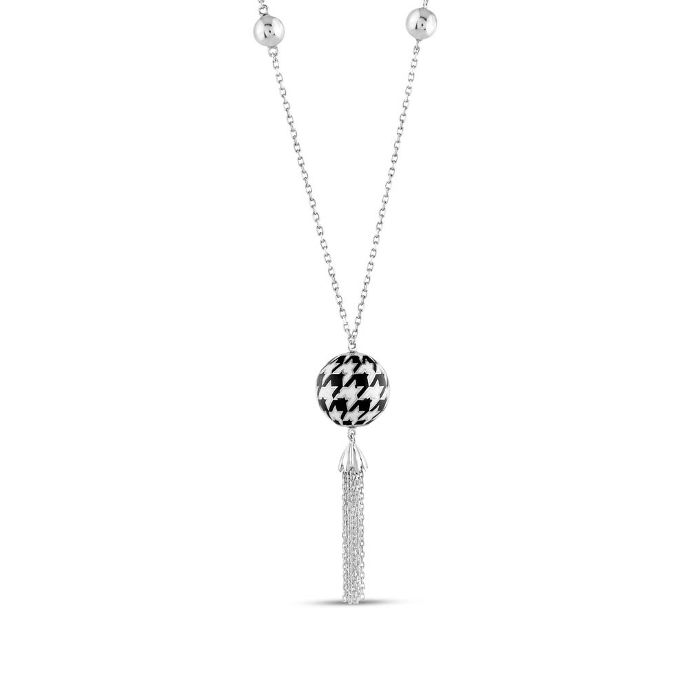 Black and White Enamel Bead Tassel on 32” SS Chain