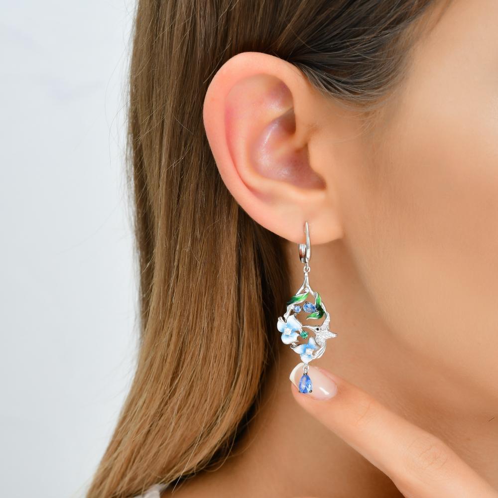 Blue and White Enamel Flower with CZ Hummingbird SS Earrings