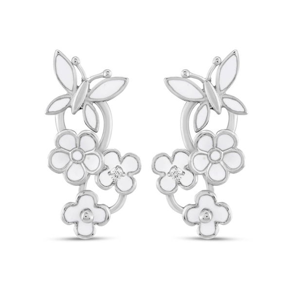 Closeup photo of White Enamel and CZ Butterfly and Flowers SS Post Earrings