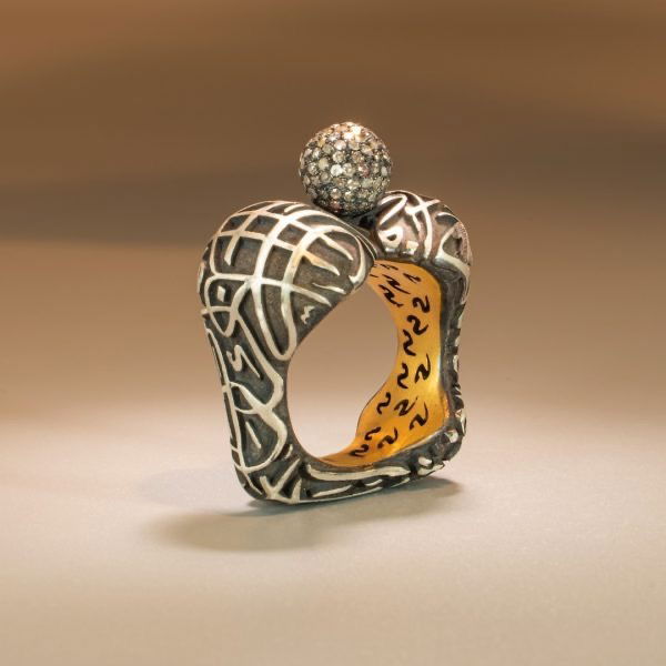 “Beholding you” Iced Diamonds Sphere on Square Sterling Silver and Gold Ring