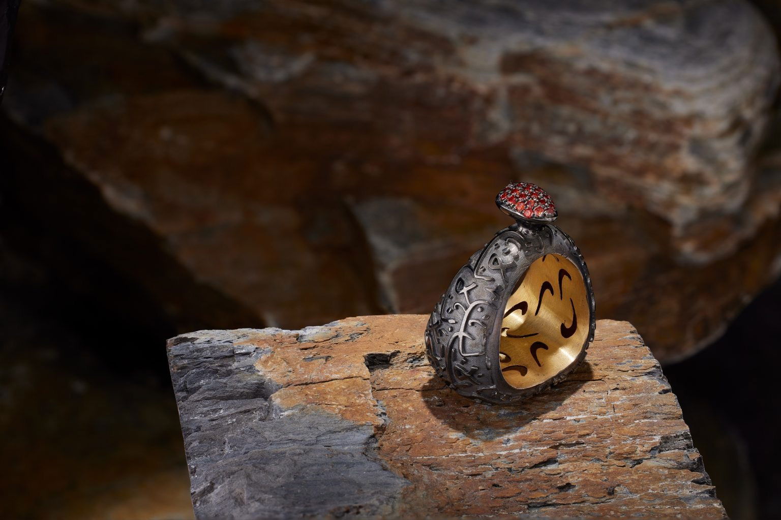 Orange Sapphire Poetry “Universe” Sterling Silver and Gold Ring