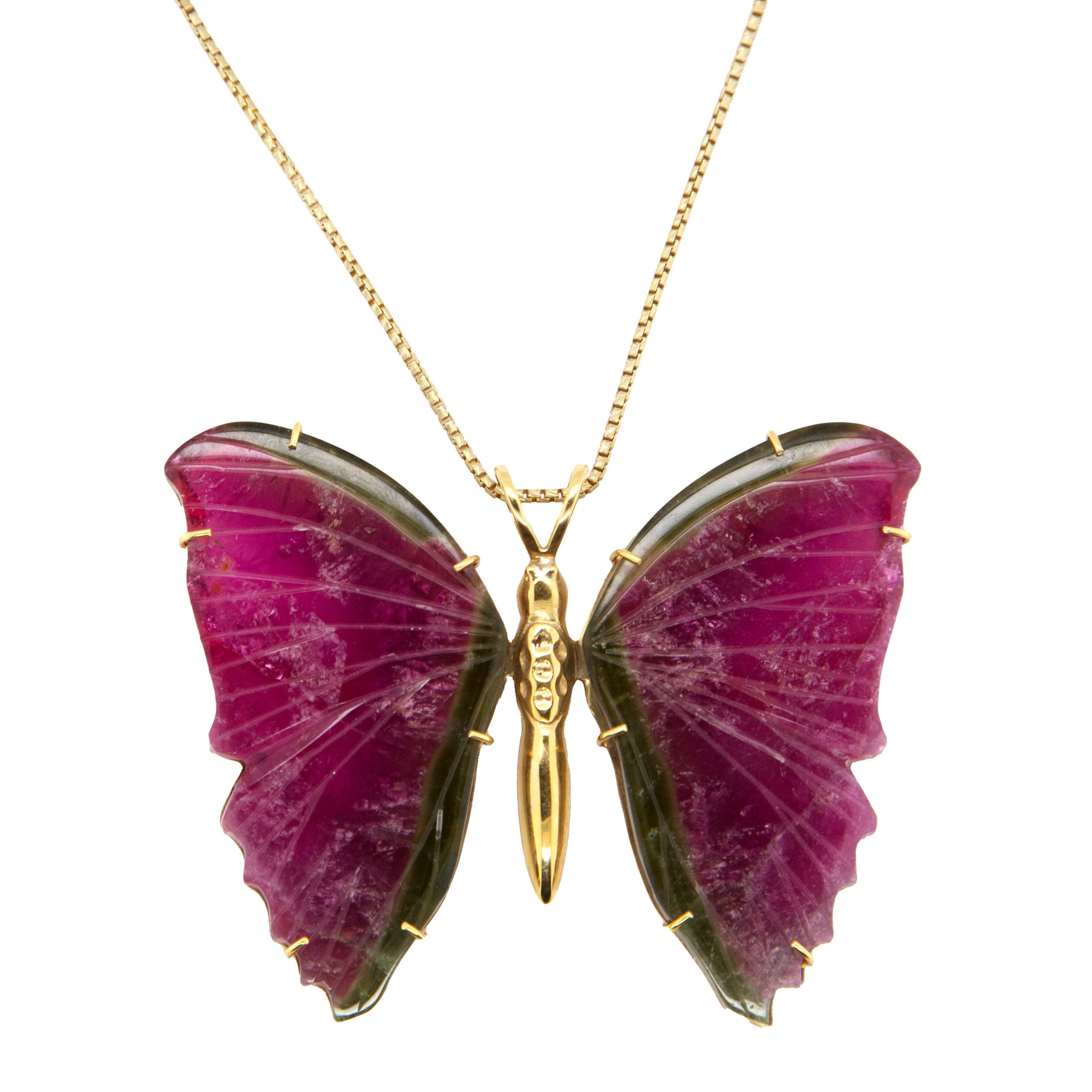 Material: 18k yellow goldStone Type: bi color watermelon tourmaline 18k BUTTERFLY WATERMELON TOURMALINE PENDANT