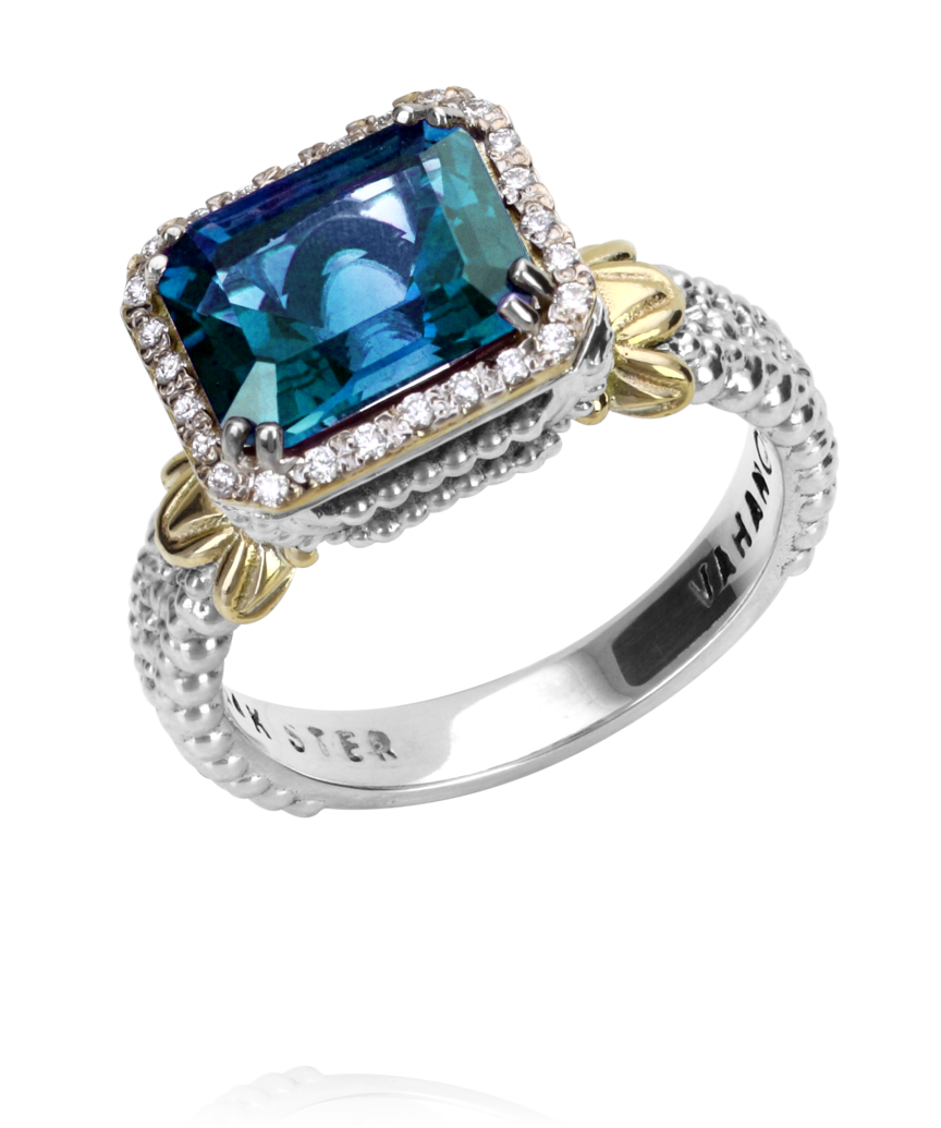 Vahan London Blue Topaz Ring with Diamonds set in 14k YG & SS