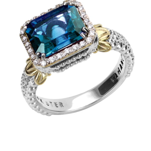 Closeup photo of Vahan London Blue Topaz Ring with Diamonds set in 14k YG & SS