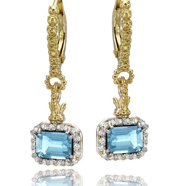 Closeup photo of Vahan Blue Topaz Earrings with Diamonds 14k YG & SS