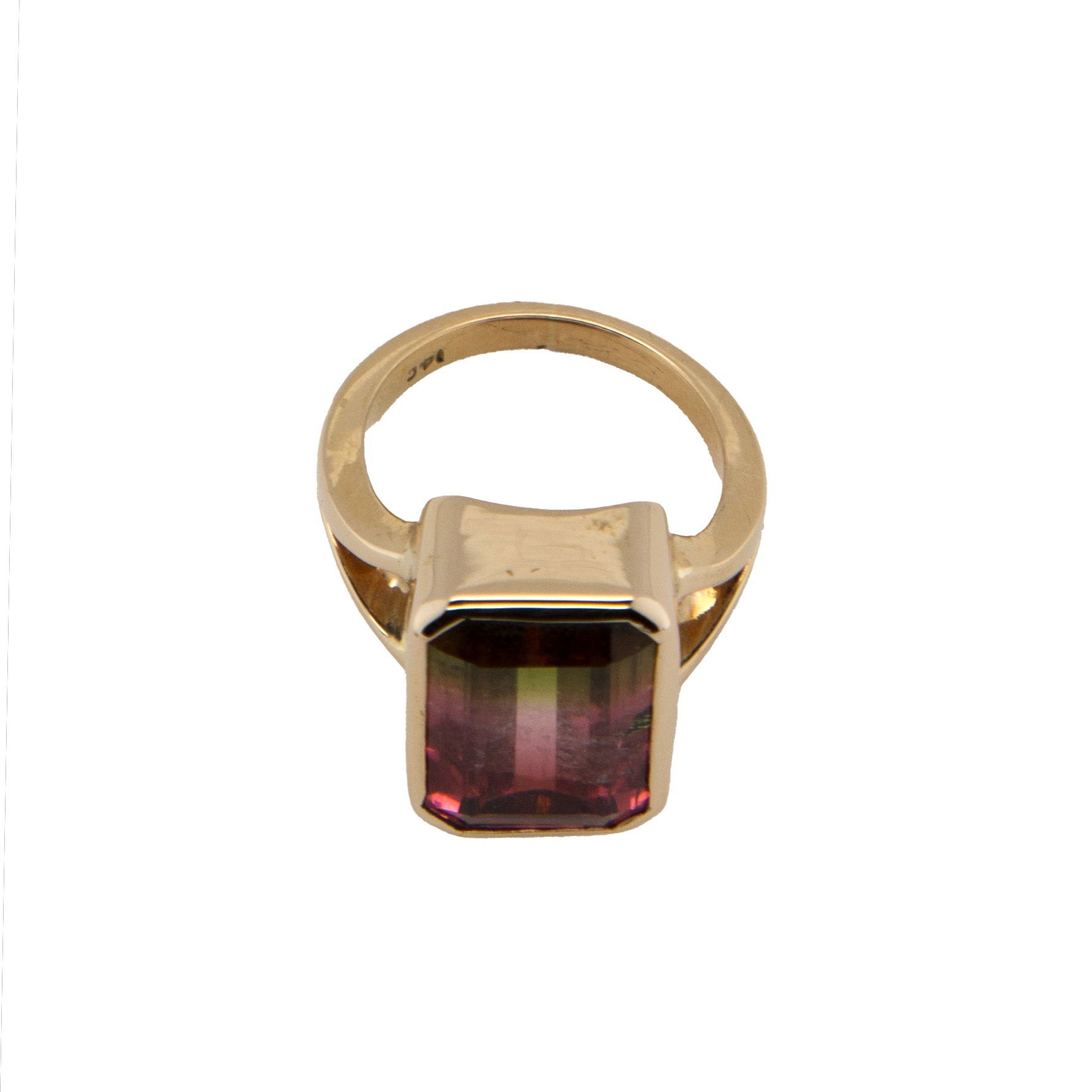 Material: 14k yellow goldStone Type: watermelon tourmalineStone Size: 11.42ct 14ky EMERALD CUT WATERMELON TOURMALINE RING