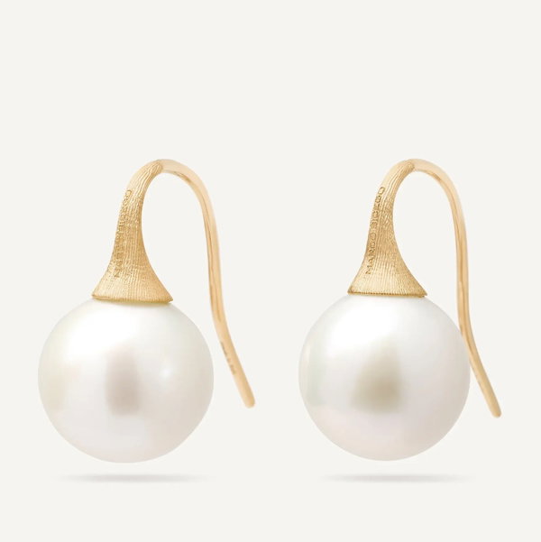 Closeup photo of 18K Yellow Gold Freshwater Pearl Drop Earrings