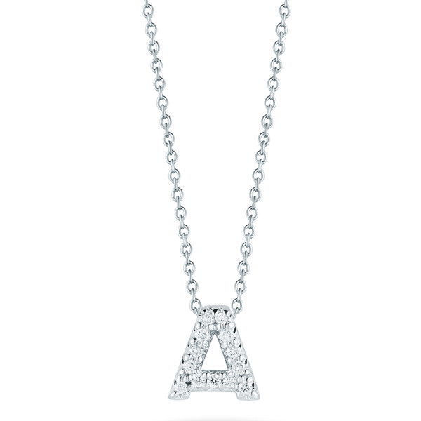 18k white gold letter 'A' pendant with diamonds. 16 - 18" adjustable chain. Diamond CTW - 0.06 18K WG Love Letter 'A' Pendant with Diamonds