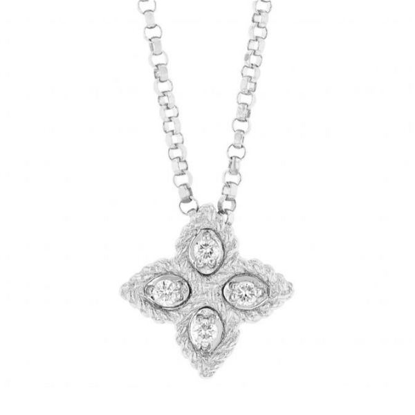 Closeup photo of 18K WG Diamond Princess Flower Necklace